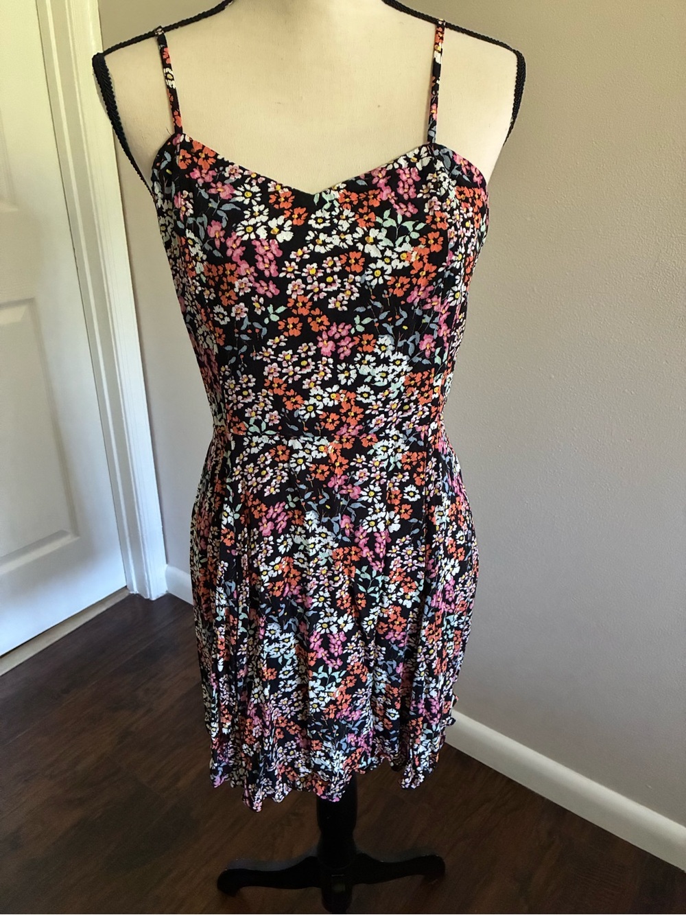 Calvin Klein Jeans Black Floral Spaghetti-Strap Mini Dress